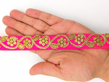 Fuchsia Pink Art Silk Trim with Gold Floral Embroidery and Gold Sequins Indian Sari Border Trim By 3 Yards Decorative Trim Craft Lace